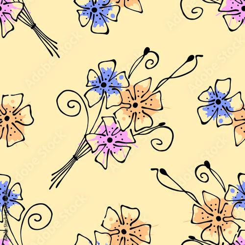 Seamless vector hand drawn seamless floral  pattern. Yellow Background with flowers  leaves. Decorative graphic vector drawn illustration. Line drawing
