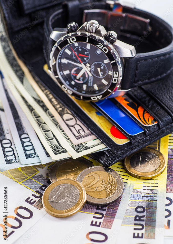 Fototapeta premium leather wallet with credit and discount cards, with money