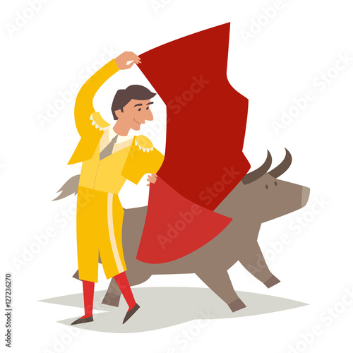 .Bullfighting vector illustration. Toreador man in red cape. Traditional spainish corrida. Matador and bull. Isolated on white background, cartoon style