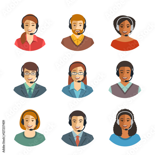 Call center agents flat avatars. Live chat operators, guys and girls smiling faces. Online customer support service assistants with headphones. Help desk Caucasian, African, Asian consultants