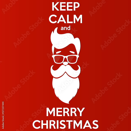 Happy New Year and Merry Christmas. Santa Claus with a fashionable hairstyle hipster beard and glasses on a red background. Keep Calm and Merry Christmas.