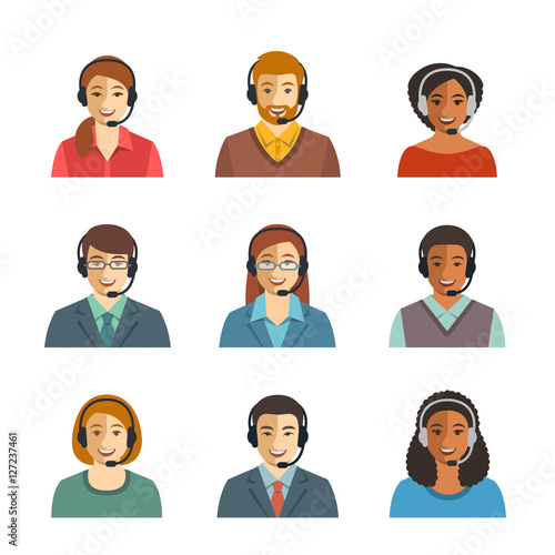 Call center agents flat avatars. Live chat operators, guys and girls smiling faces. Online customer support service assistants with headphones. Help desk Caucasian, African, Asian consultants