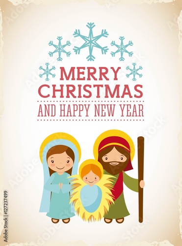 card of holy family manger scene. merry christmas and happy new year colorful design. vector illustration