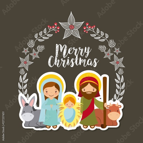 card of holy family manger scene. merry christmas colorful design. vector illustration