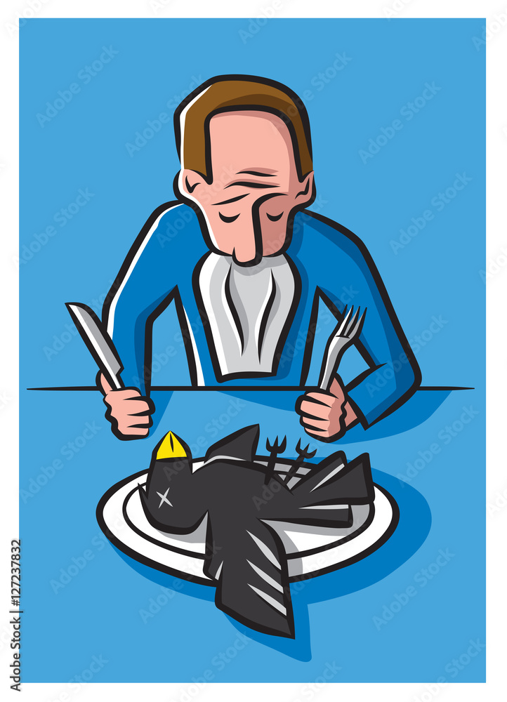 Illustration of a man “eating crow” - suffering the humiliation of being proven wrong after taking a strong position.