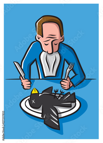 Illustration of a man “eating crow” - suffering the humiliation of being proven wrong after taking a strong position.