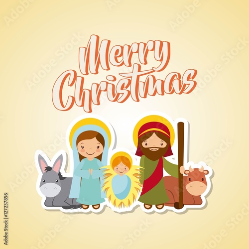 holy family manger scene and animals. merry christmas card colorful design. vector illustration