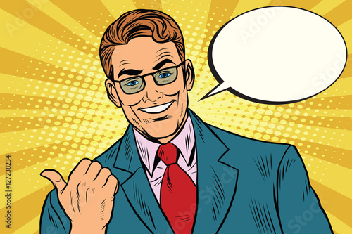 Smiling businessman showing big finger to the left