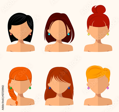 Young pretty women, pretty faces with different hairstyles, hair color. flat design, beauty and fashion. Simple style