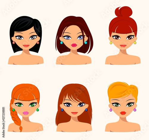 Young pretty women, pretty faces with different hairstyles, hair color. flat design, beauty and fashion. Vector editable