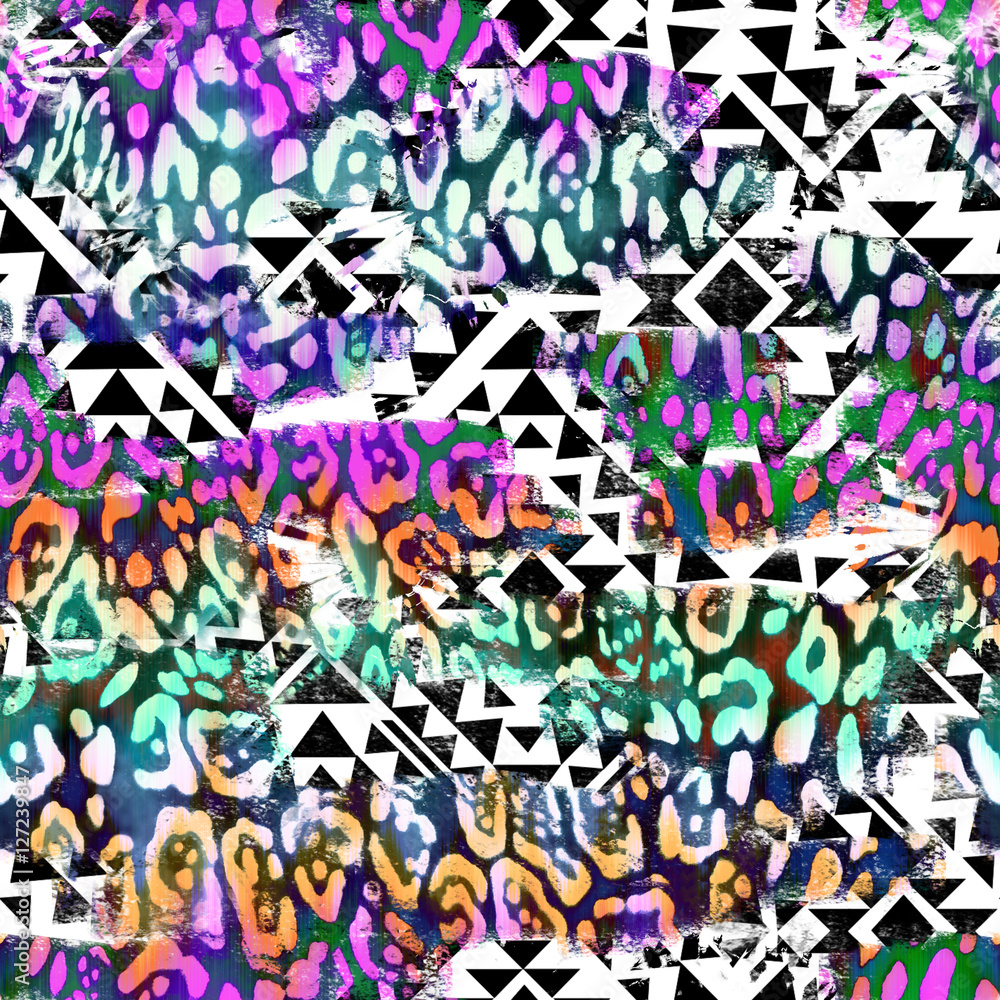 Obraz premium animal print splatter paint over Aztec geo print - seamless background