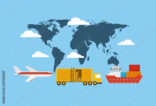 world map with cargo vehicles  over blue background. export and import colorful design. vector illustration