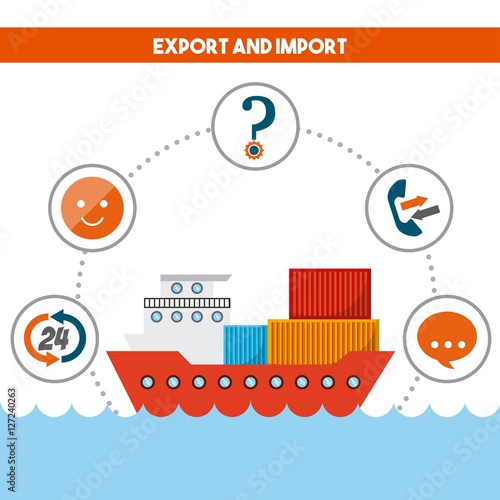 cargo ship with logistic service icons around. export and import colorful design. vector illustration