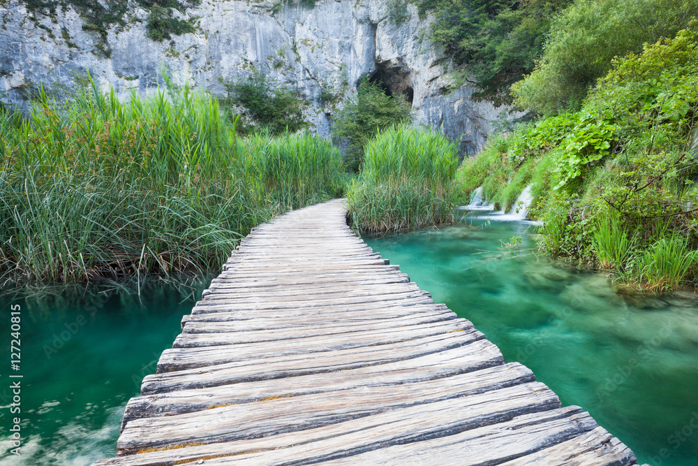 Fototapeta premium Wooden path across lake in sunny green park