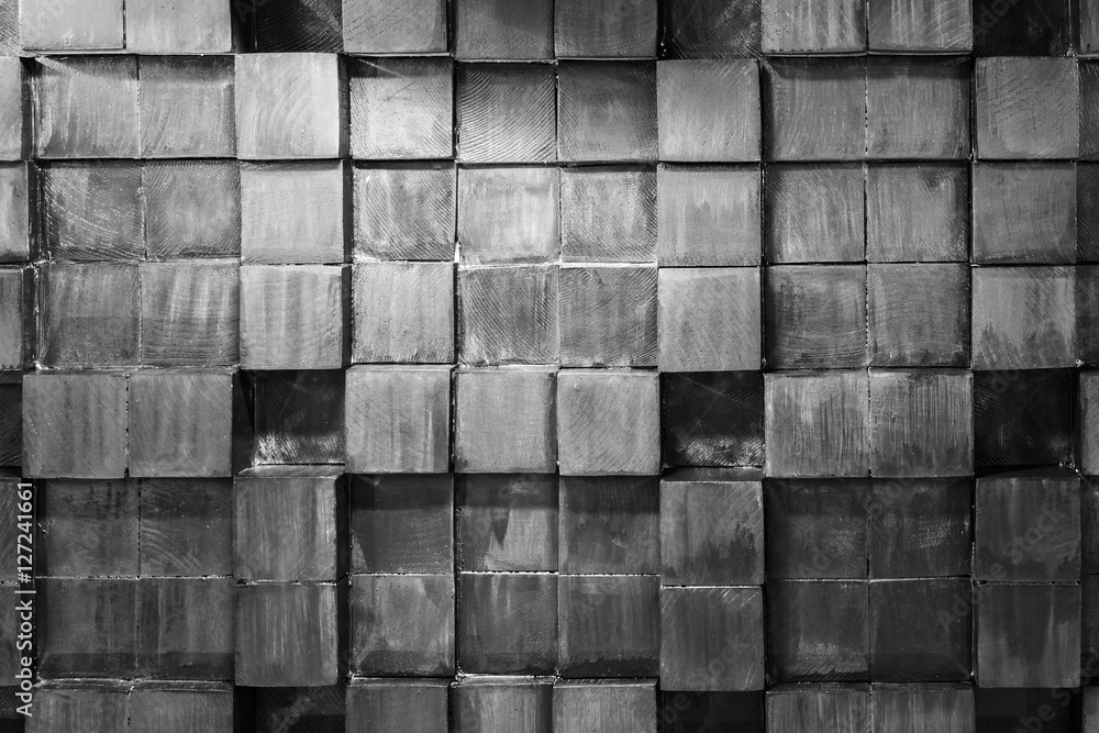 Fototapeta Geometryczny wzór drewnianych elementów. Dekorowanie ścian z drewnianych belek. Czarno-białe tło