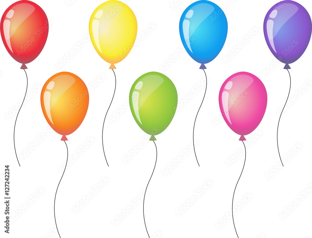 Seven balloons with ribbon isolated on white background. Balloon icon. Red  orange yellow green blue and purple party balloons. Rainbow vector  illustration Stock Vector | Adobe Stock