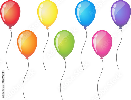 Seven balloons with ribbon isolated on white background. Balloon icon. Red orange yellow green blue and purple party balloons. Rainbow vector illustration