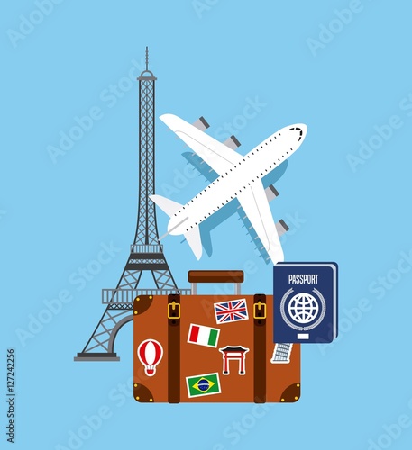 airplane icon with travel suit case and eiffel tower icons over blue background. colorful design. vector illustration © Gstudio