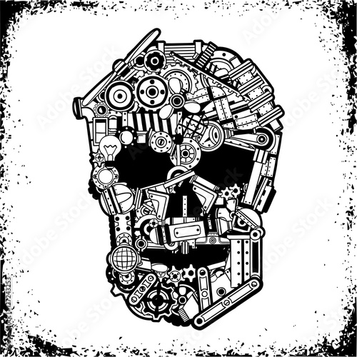 Black and white skull of a variety of mechanical spare parts, scrap metal in a grunge frame. Vector illustration.