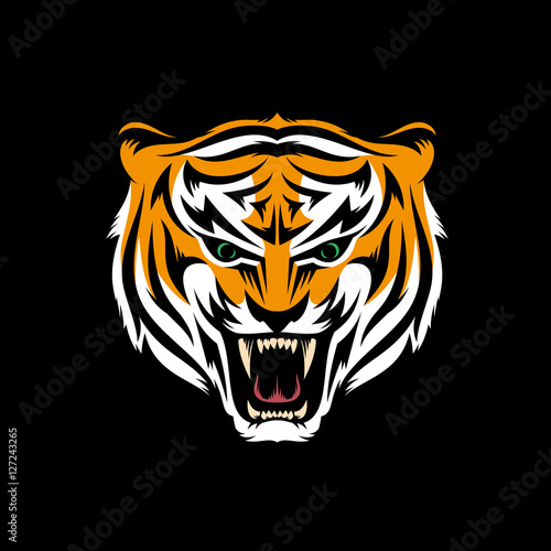 Fototapeta Naklejka Na Ścianę i Meble -  Stylized head of snarling tiger isolated on black background - mascot logo. Vector  layered illustration.