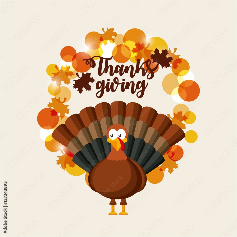 happy thanksgiving card with cartoon turkey and decorative icons. colorful design. vector illustration happy thanksgiving card with cartoon turkey and decorative icons. colorful design. vector illustration