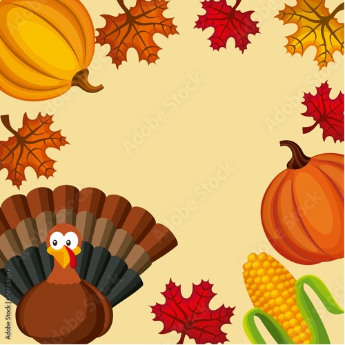 happy thanksgiving icons frame over yellow background. colorful design. vector illustration