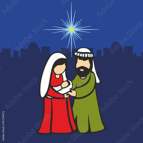 Christmas scene. Mary and Joseph with the baby Jesus. Against the backdrop of Bethlehem and the star.