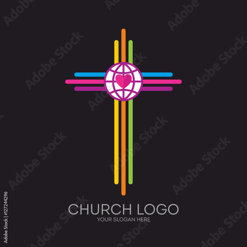 Church logo. Christian symbols. The cross of Jesus, multicolored stripes, globe and heart.