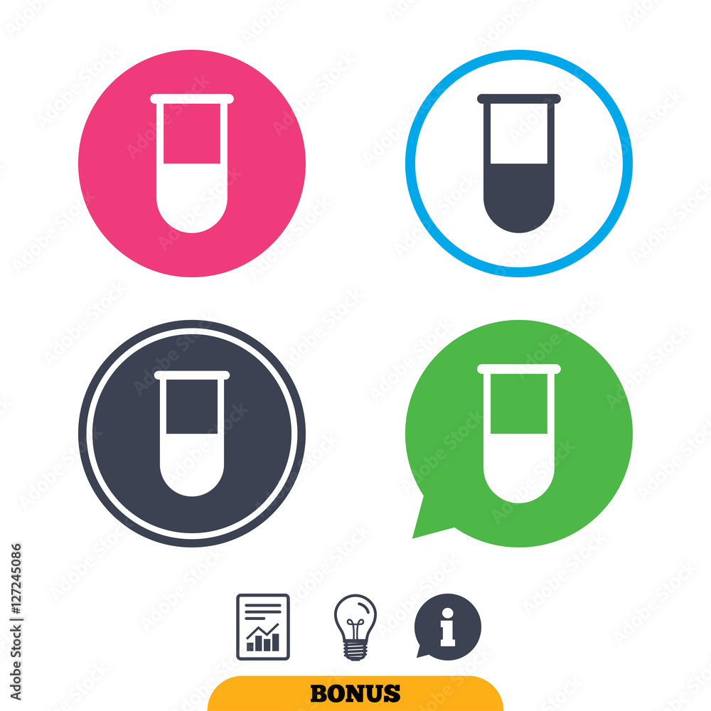 Medical test tube sign icon. Laboratory equipment symbol. Report document, information sign and light bulb icons. Vector Medical test tube sign icon. Laboratory equipment symbol. Report document, information sign and light bulb icons. Vector
