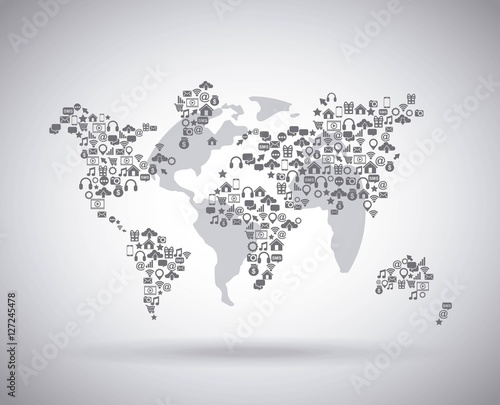 gray world map icon with social media icons over white background. vector illustration