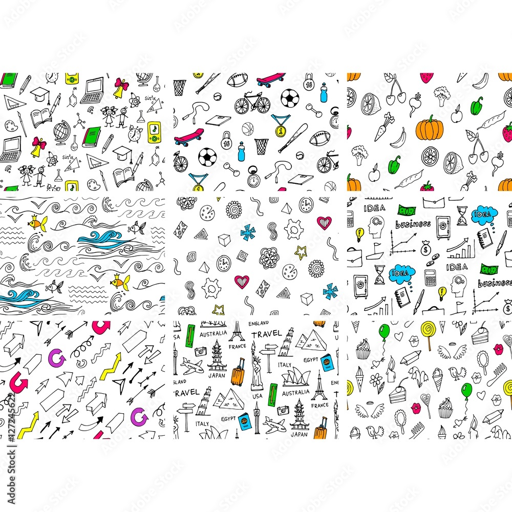 Doodles seamless pattern set. Doodles seamless pattern set.