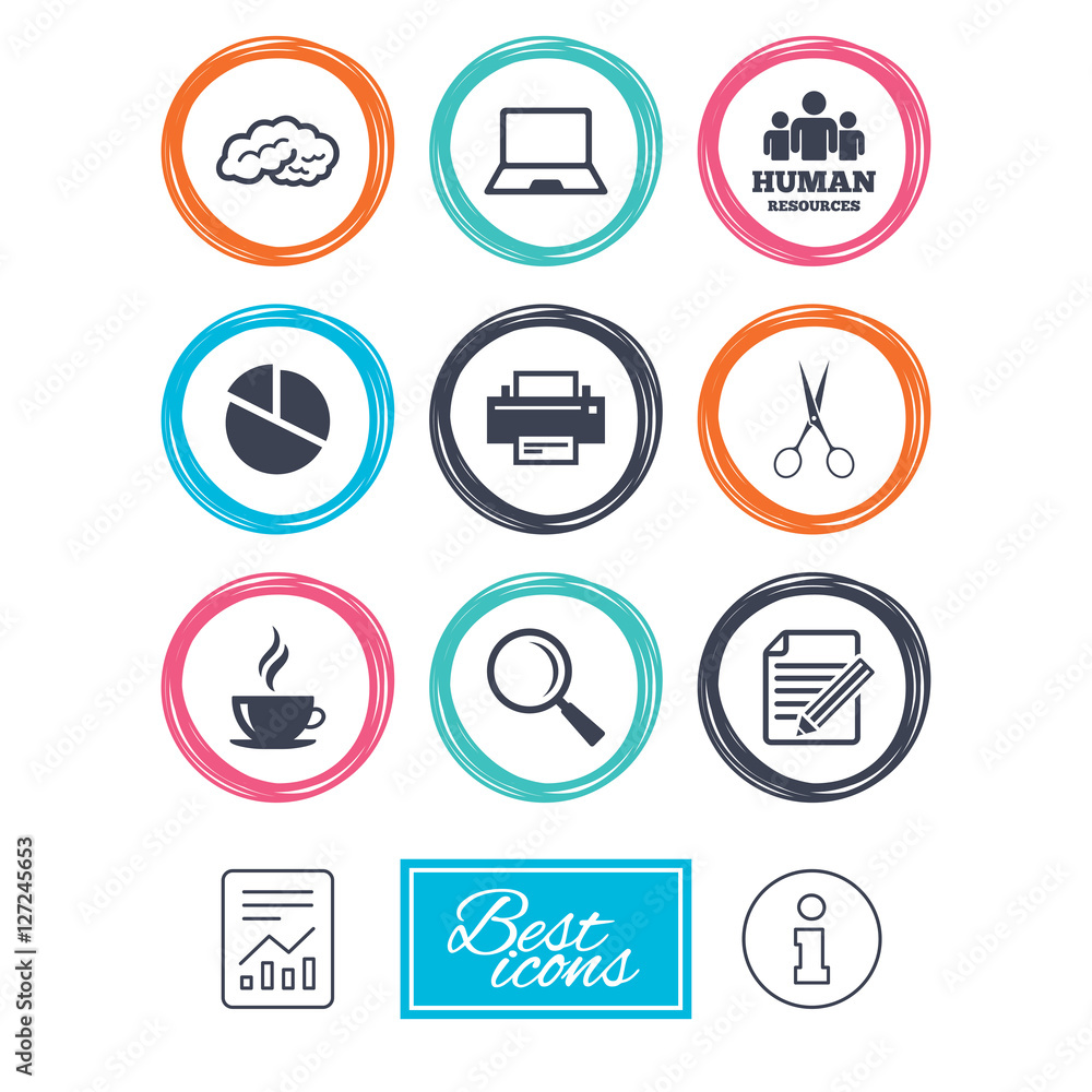 Office, documents and business icons. Human resources, notebook and printer signs. Scissors, magnifier and coffee symbols. Report document, information icons. Vector Office, documents and business icons. Human resources, notebook and printer signs. Scissors, magnifier and coffee symbols. Report document, information icons. Vector
