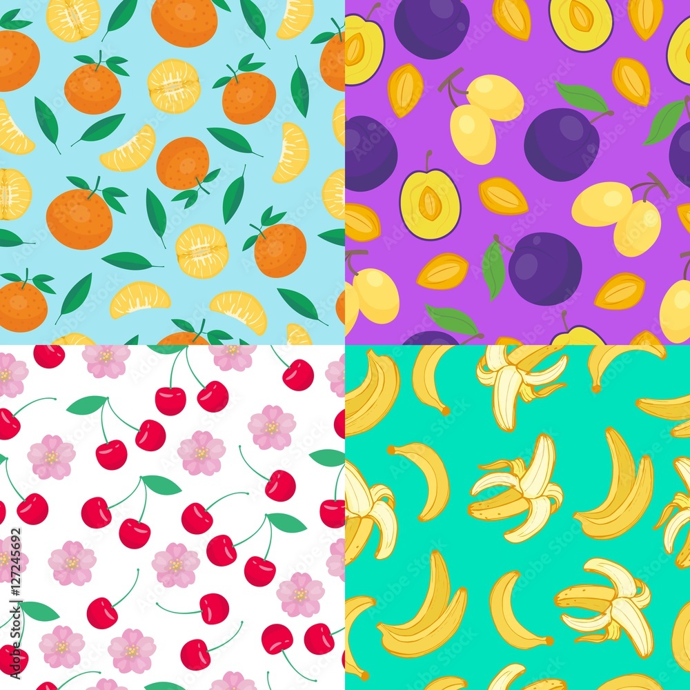 Fruits seamless patterns set. Fruits seamless patterns set.