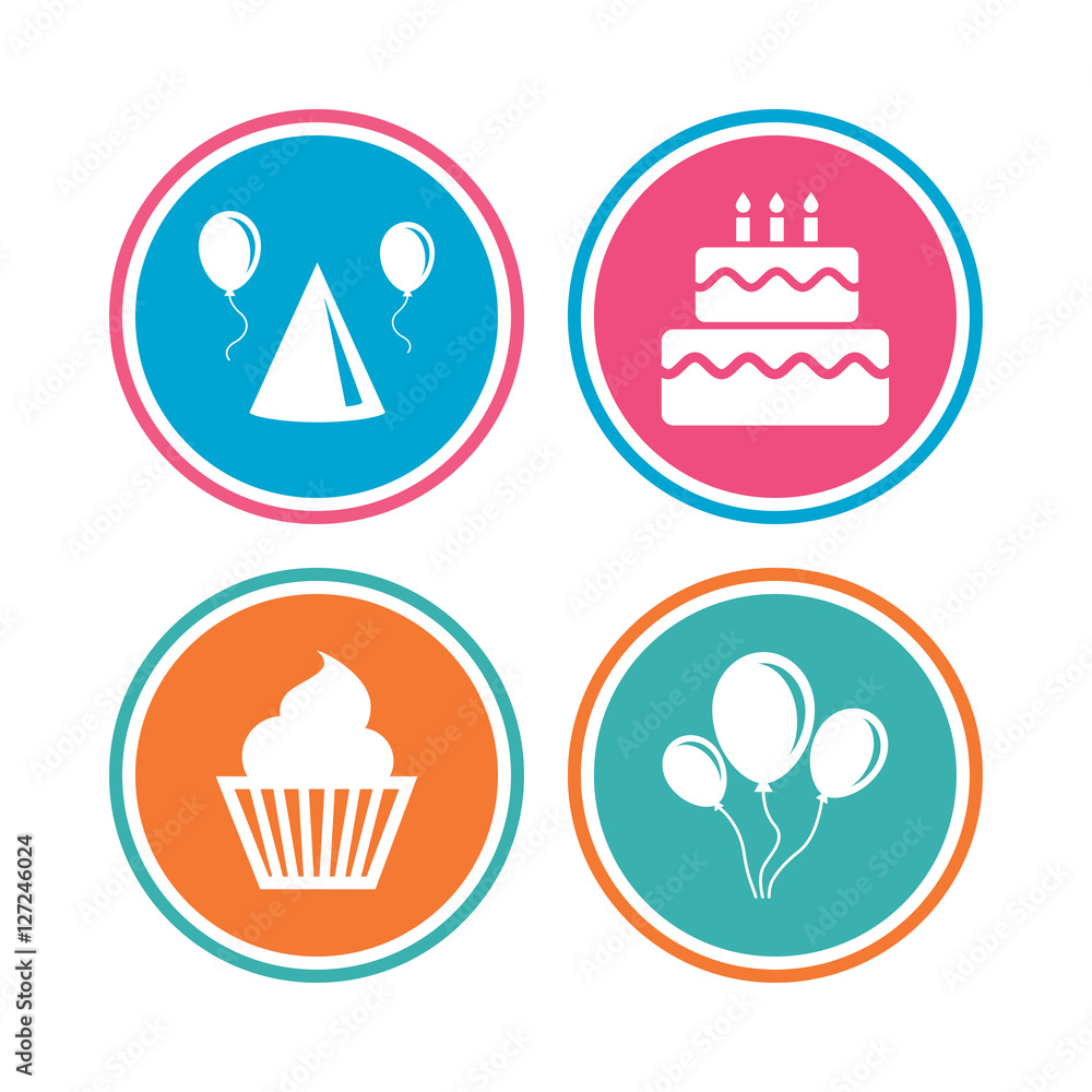 Birthday party icons. Cake, balloon, hat and muffin signs. Celebration symbol. Cupcake sweet food. Colored circle buttons. Vector