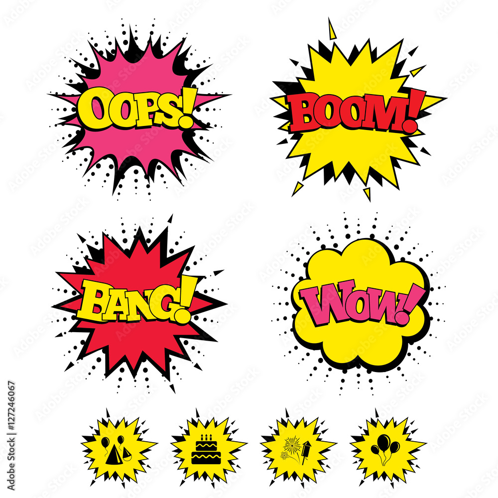 Comic Boom, Wow, sound Birthday party icons. Cake, balloon, hat and muffin signs. Fireworks with rocket symbol. Double decker with candle. Speech bubbles in art. Vector Stock Vector