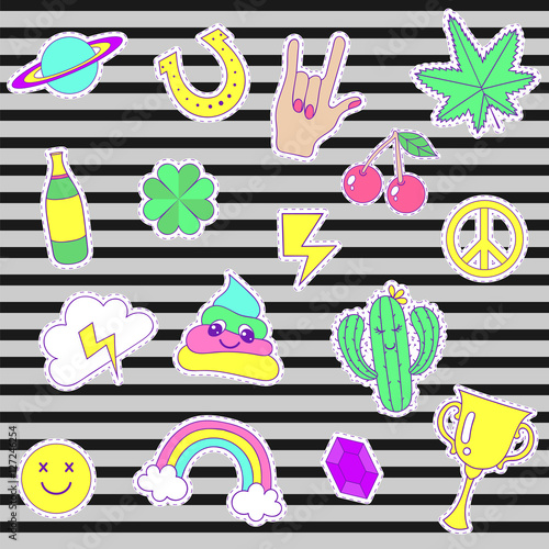 Happy fashion vector patches, retro sweet badges with smile, clo