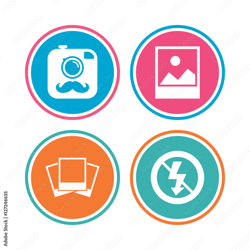Hipster retro photo camera with mustache icon. No flash light symbol. Landscape photo frame. Colored circle buttons. Vector Hipster retro photo camera with mustache icon. No flash light symbol. Landscape photo frame. Colored circle buttons. Vector