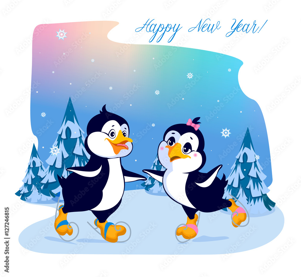 Penguins skate on the rink in the forest Penguins skate on the rink in the forest