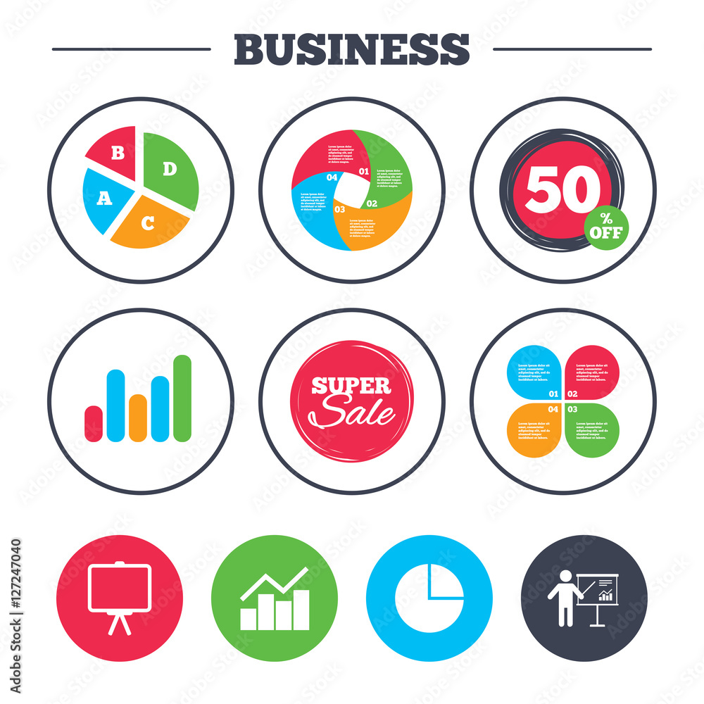 Business pie chart. Growth graph. Diagram graph Pie chart icon. Presentation billboard symbol. Man standing with pointer sign. Super sale and discount buttons. Vector