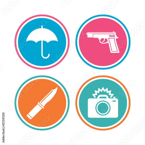 Gun weapon icon.Knife, umbrella and photo camera with flash signs. Edged hunting equipment. Prohibition objects. Colored circle buttons. Vector