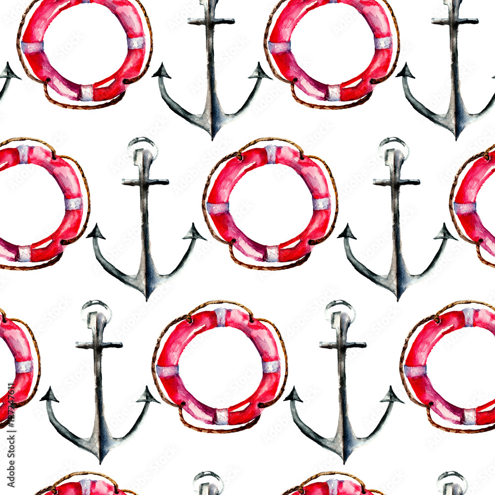 Seamless wallpaper with Life buoy and anchor Stock Photo | Adobe Stock