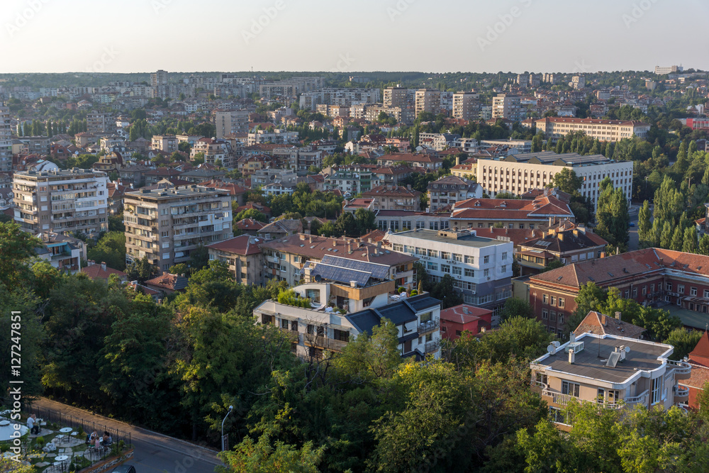 Amazing sunset view of City of Haskovo from Monument of Virgin Mary, Bulgaria