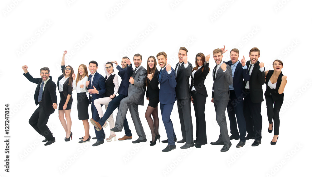 Smiling business people standing together in line in a modern of