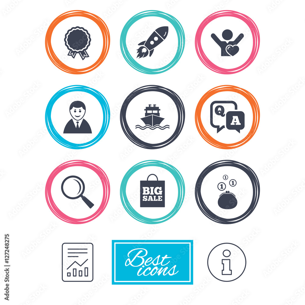 Online shopping, e-commerce and business icons. Startup, award and customers like signs. Cash money, shipment and sale symbols. Report document, information icons. Vector