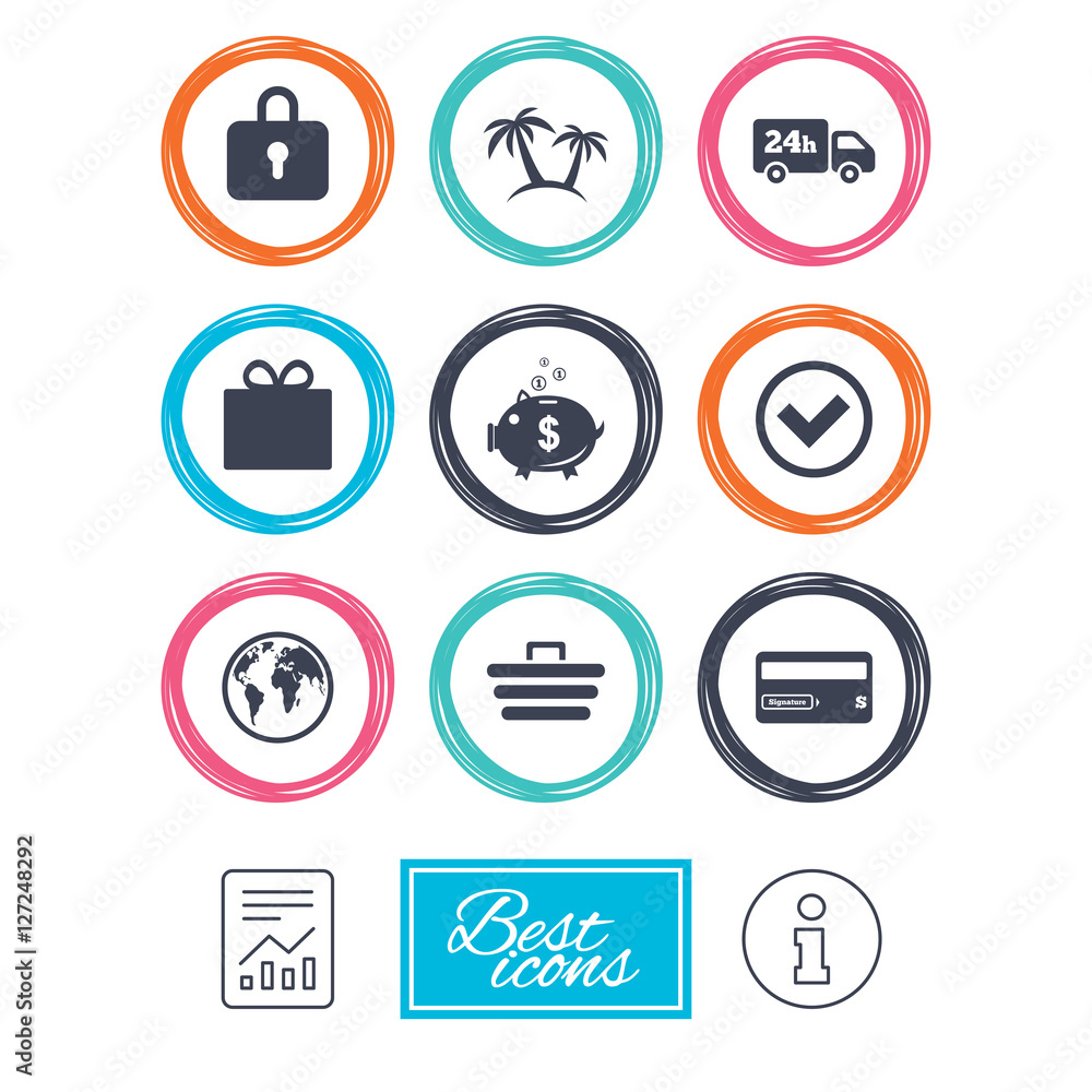 Online shopping, e-commerce and business icons. Credit card, gift box and protection signs. Piggy bank, delivery and tick symbols. Report document, information icons. Vector