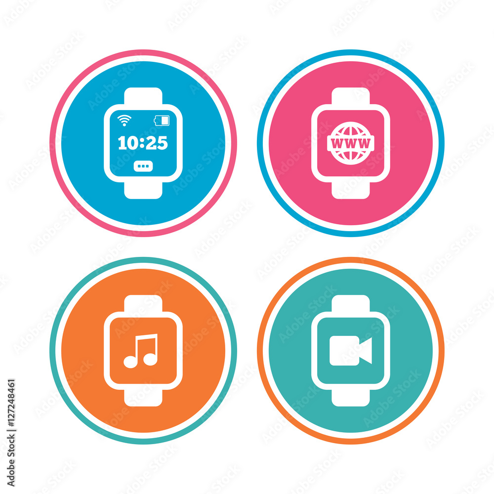 Smart watch icons. Wrist digital time watch symbols. Music, Video, Globe internet and wi-fi signs. Colored circle buttons. Vector Smart watch icons. Wrist digital time watch symbols. Music, Video, Globe internet and wi-fi signs. Colored circle buttons. Vector