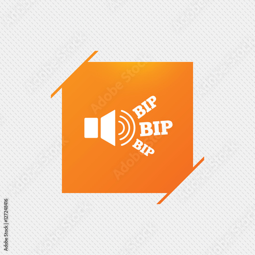 Speaker volume icon. Sound with BIP symbol. Loud signal. Orange square label on pattern. Vector