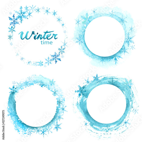 Vector special winter offer, big winter sale labels and shapes on white background. Hand drawn watercolor blue stains set.