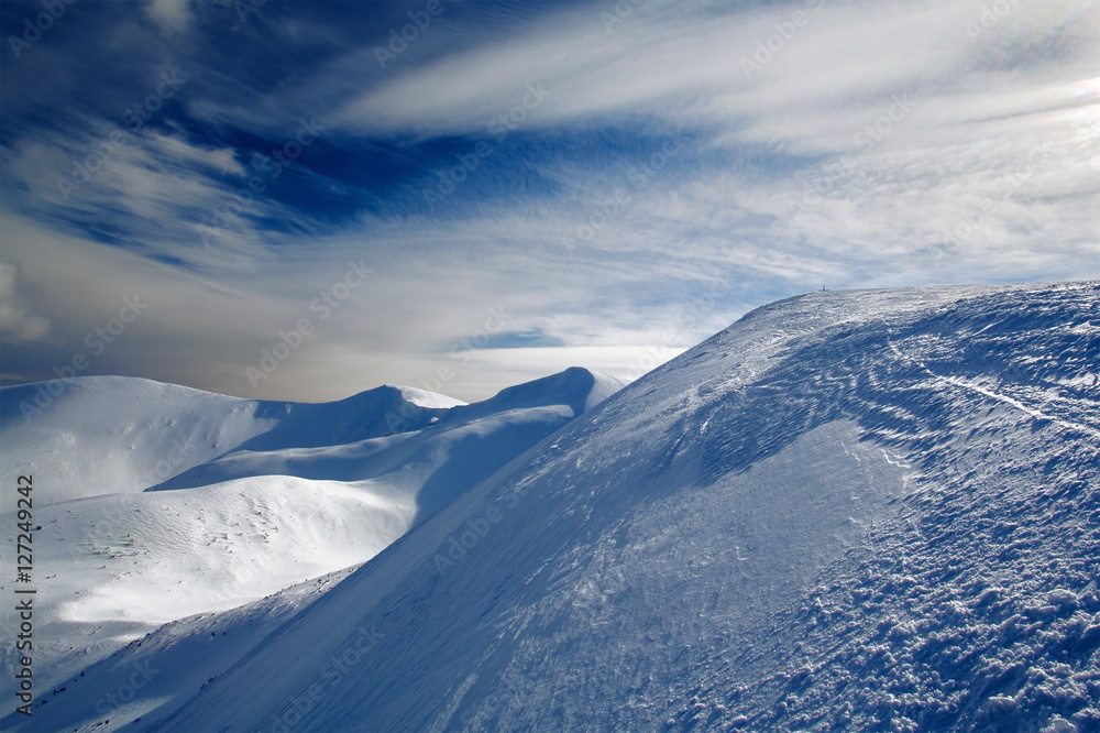 Winter mountains covered with snow. Carpathian mountains landscape.