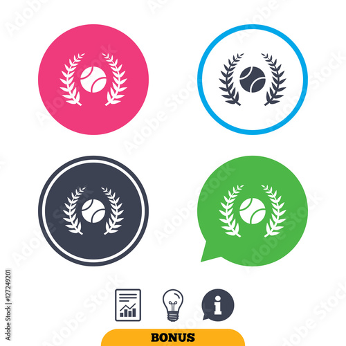Tennis ball sign icon. Sport laurel wreath symbol. Winner award. Report document, information sign and light bulb icons. Vector